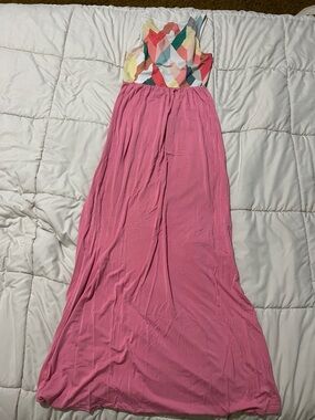 Sleeveless Pink Maxi Dress with Colorblock Diamond Bodice